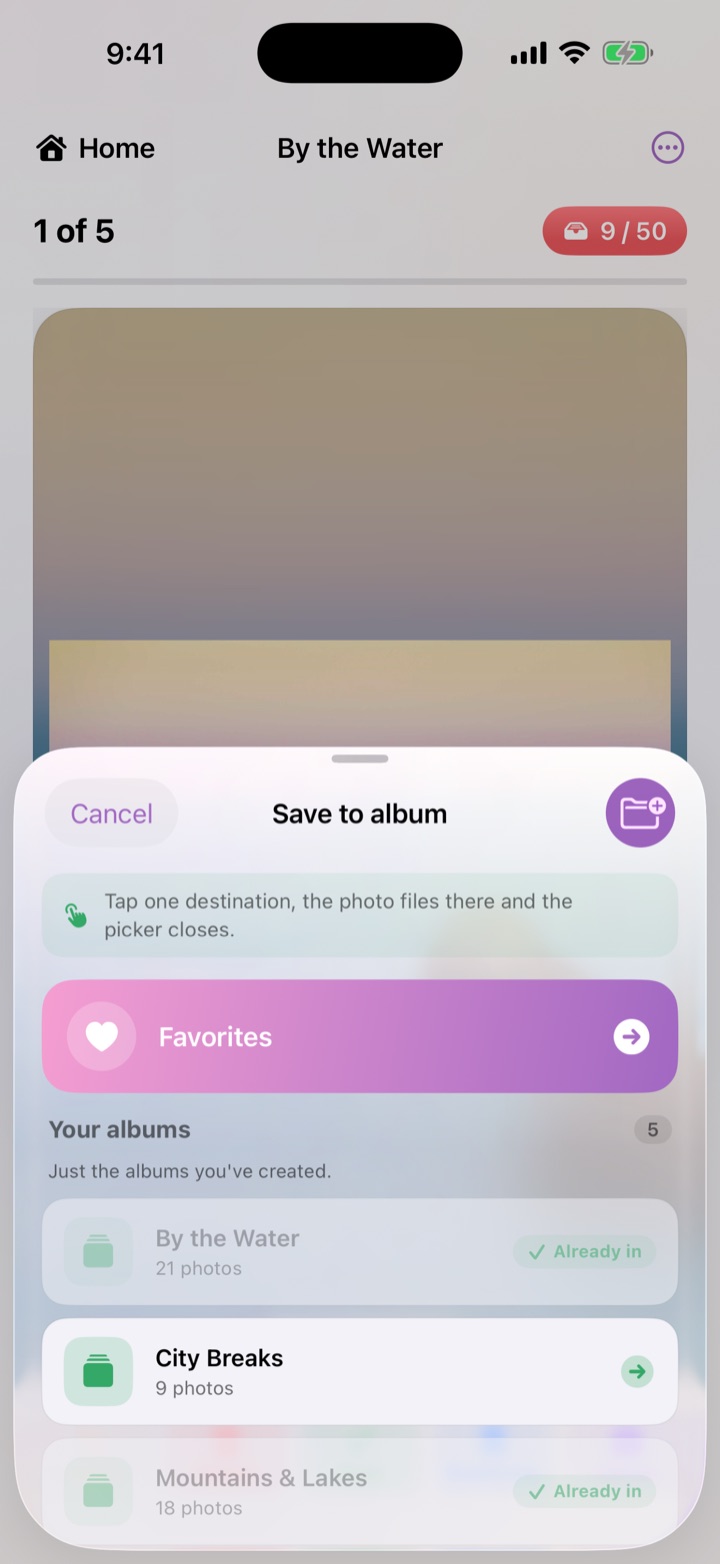 PhotoToGo &ldquo;Save to album&rdquo; picker for filing a photo into an album.