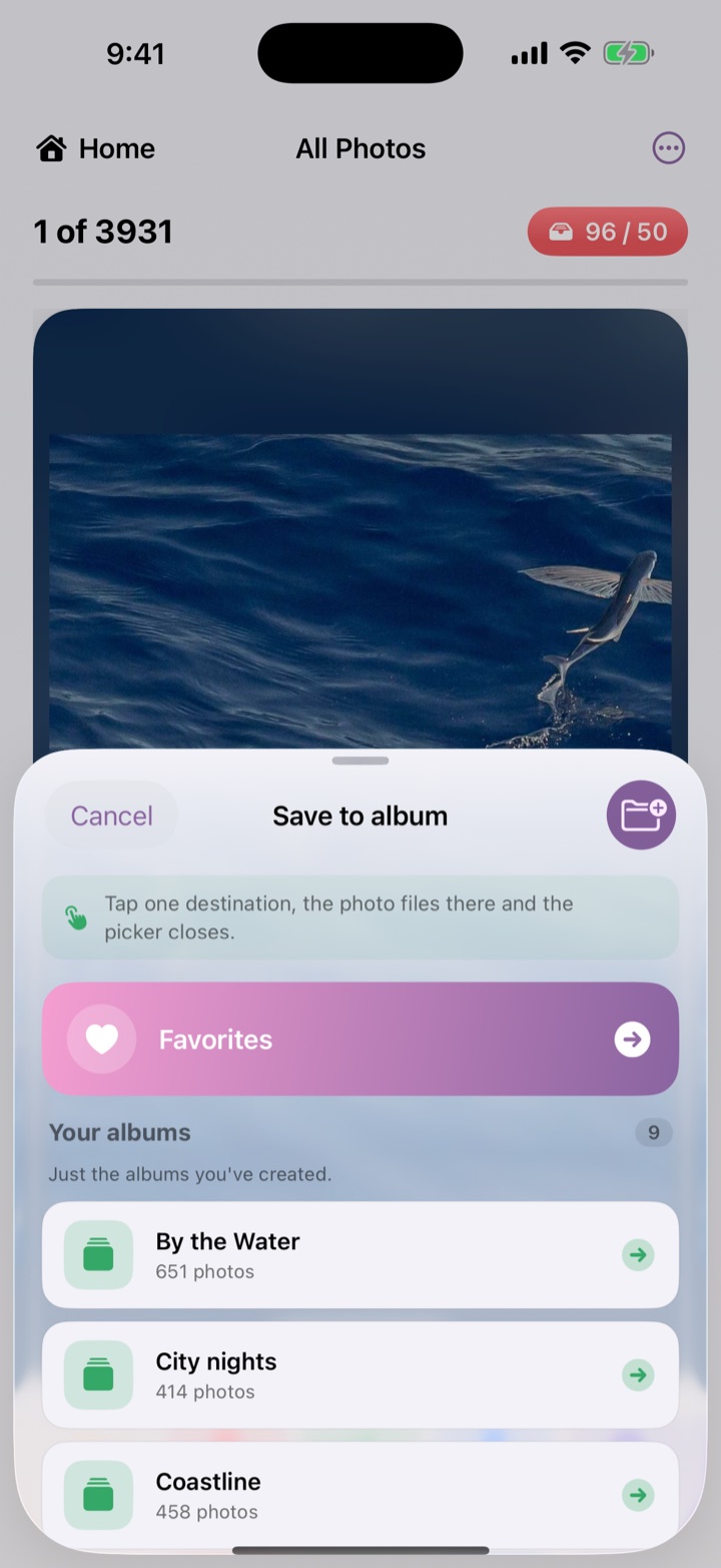 TidyTidy &ldquo;Save to album&rdquo; picker filing a photo into an album.