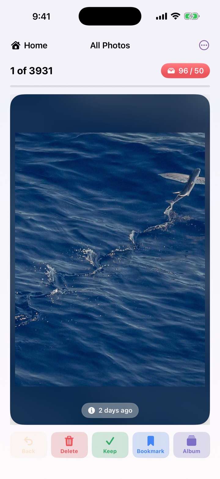 TidyTidy's swipe deck: a photo mid-swipe under a red Delete stamp, over Keep, Favorite, Bookmark and Album actions.